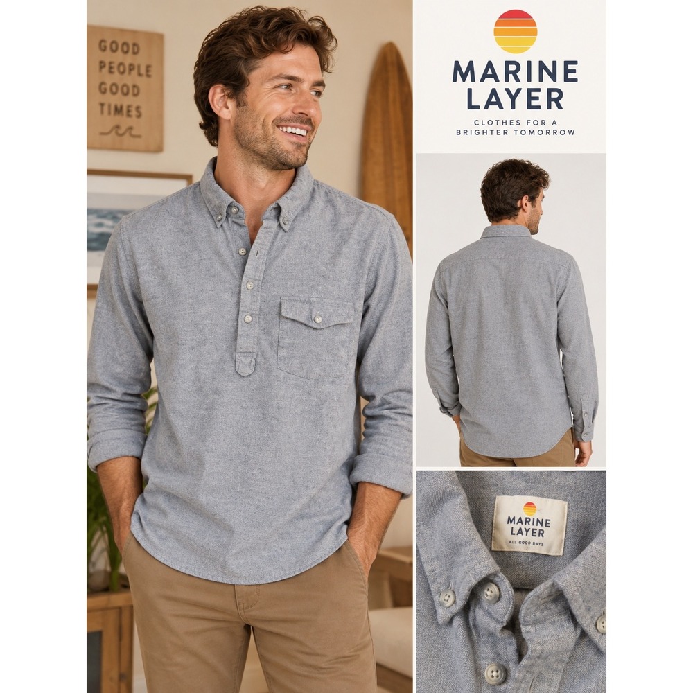 Marine Layer Shotwell Popover Grey Cotton Flannel Long Sleeve Shirt Size Medium